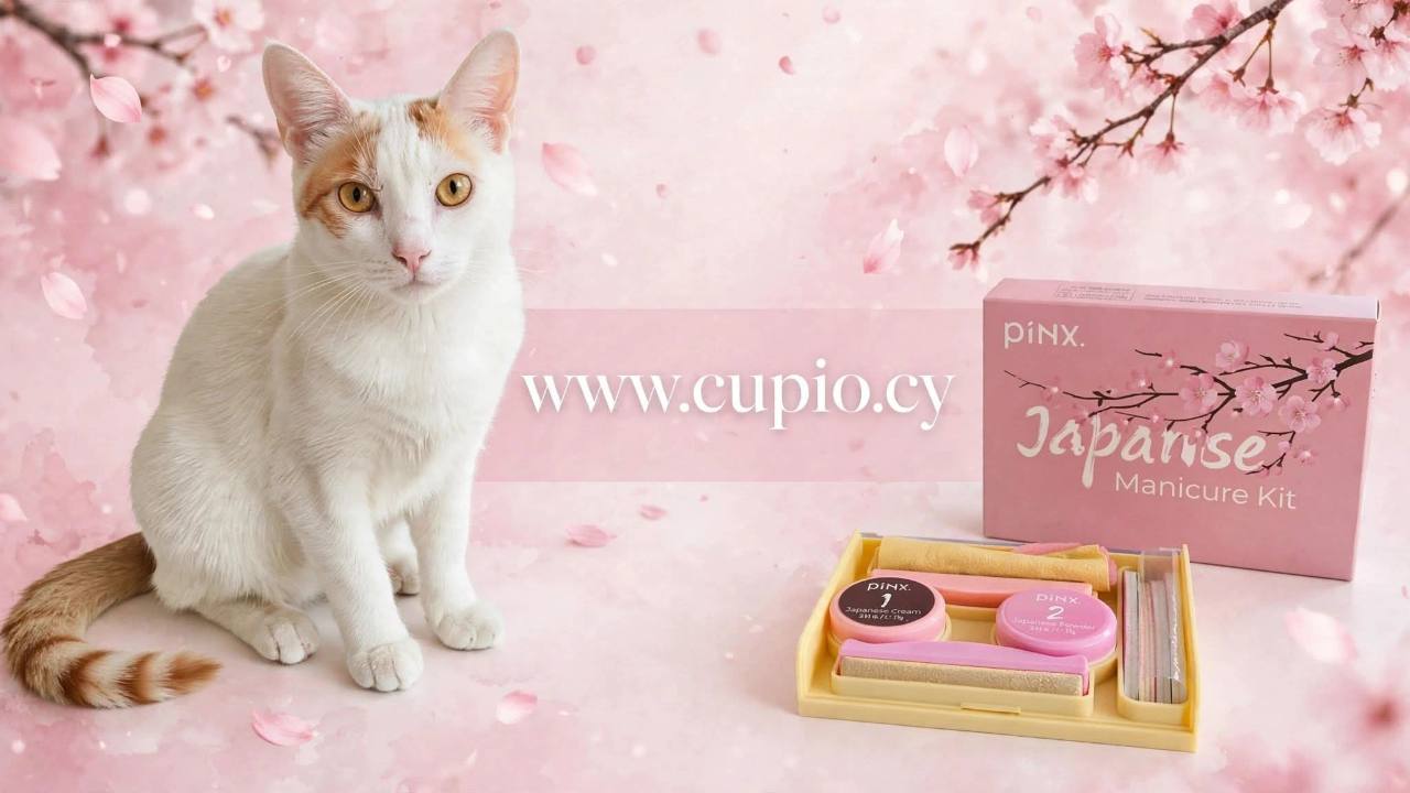 A white and ginger cat beside the pink Pinx Japanese Manicure Kit, with cupio.cy printed on the campaign image.